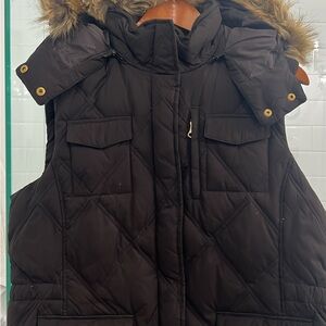 Lands' End Dark Brown Puffer Jacket Vest with Faux Fur Trim on Zip Off Hood.